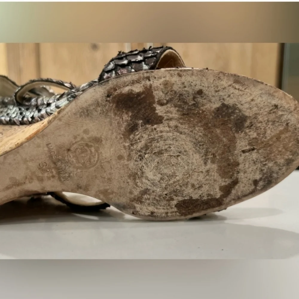 Chanel Camelia Python Leather Wedge Sandals Size 39